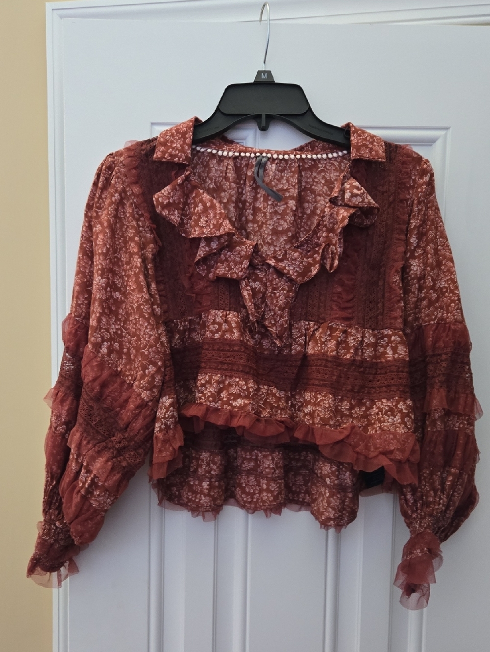 Anthropologie Rust Floral Ruffle Peasant Blouse